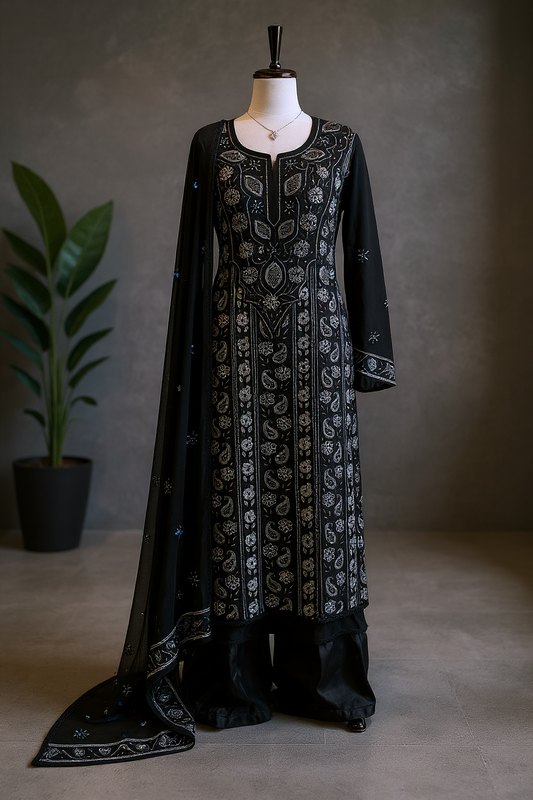 Black Pure Georgette Suit with Chikankari, Blue & Gold Embellishments
