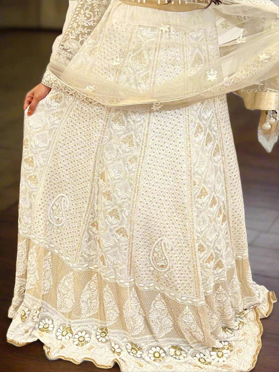 Ivory & Gold Lehenga Skirt with Chikankari, Zardozi & Embellishments