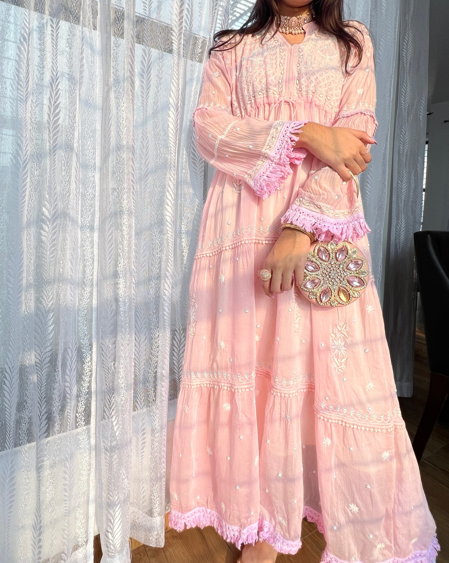 Powder Pink Dress with Chikankari & Embellishments