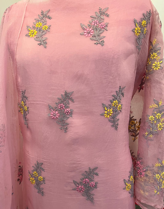 Pink Organza Silk Suit with Chikankari featuring delicate floral embroidery in shades of pink, grey, and yellow.