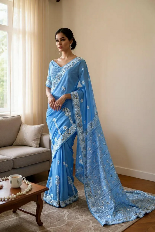 Powder Blue Saree with Do Taar Chikankari & Embellishments