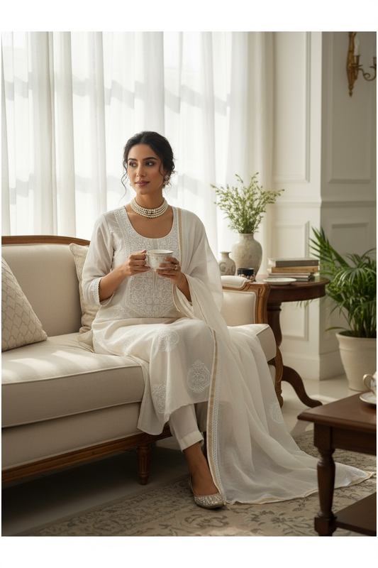 White Pure Chanderi Silk Suit with Do Taar Chikankari