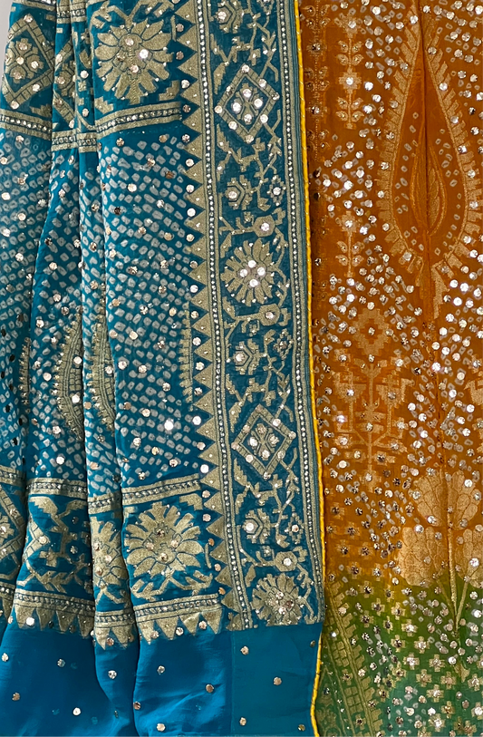 Multicolour Mukaish Bandhej Lehanga Set