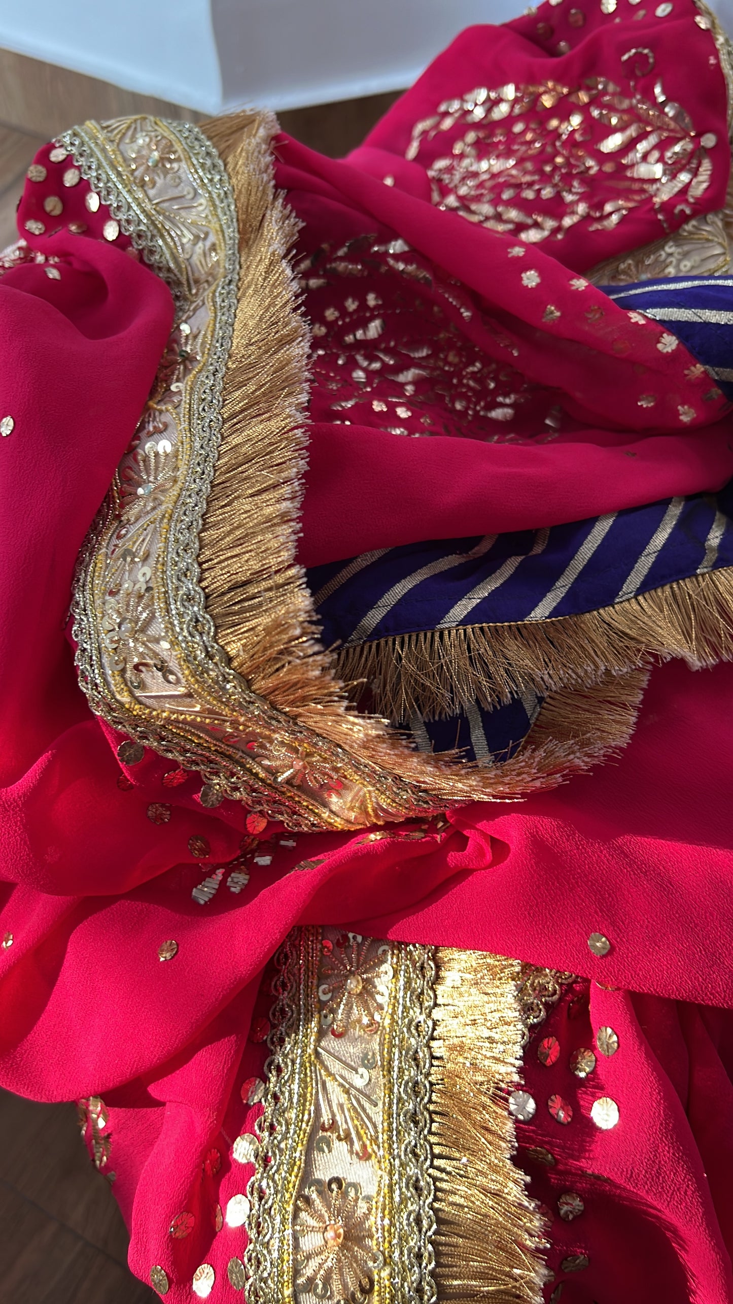 Rani Pink Pure Georgette Dupatta with Gold Mukaish Badla