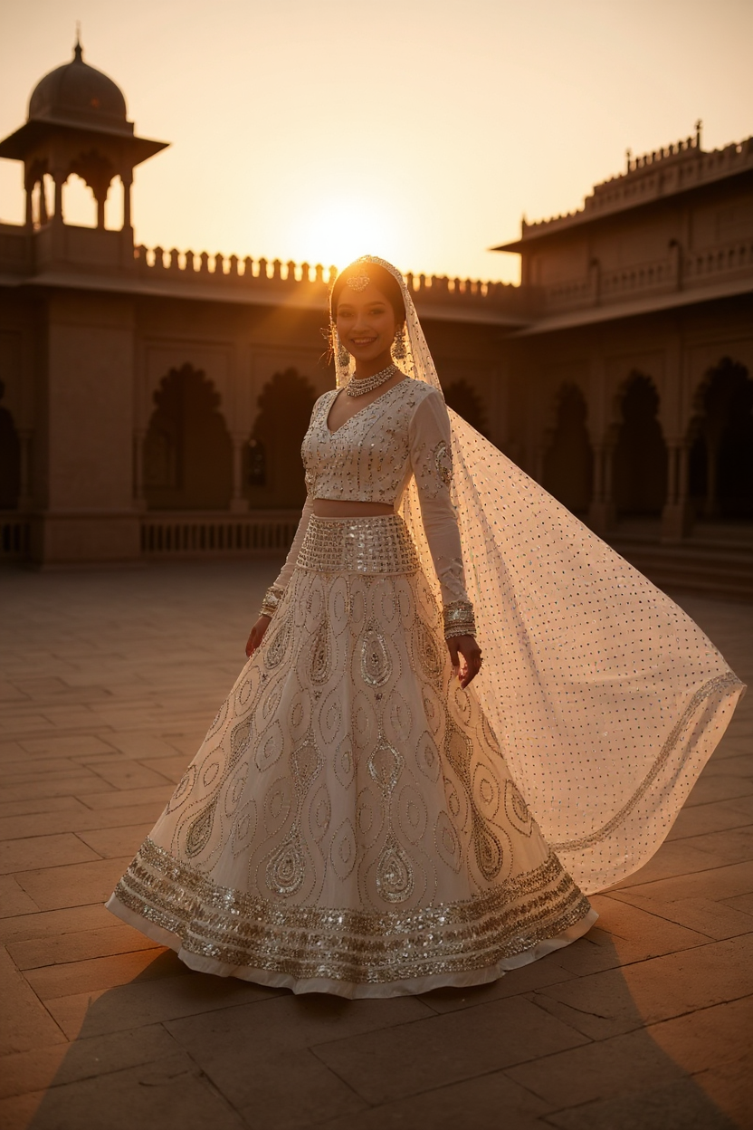 Elegantly dressed woman in an Off White Mukaish Lehanga on Pure Georgette, showcasing intricate embroidery at sunset.