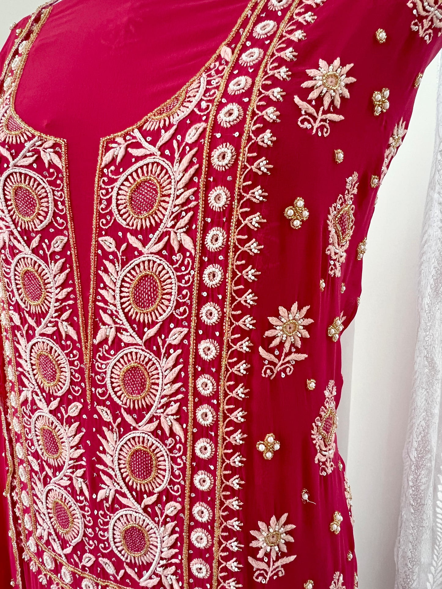 Soft Red Pure Georgette Suit with Chikankari & Embellishments