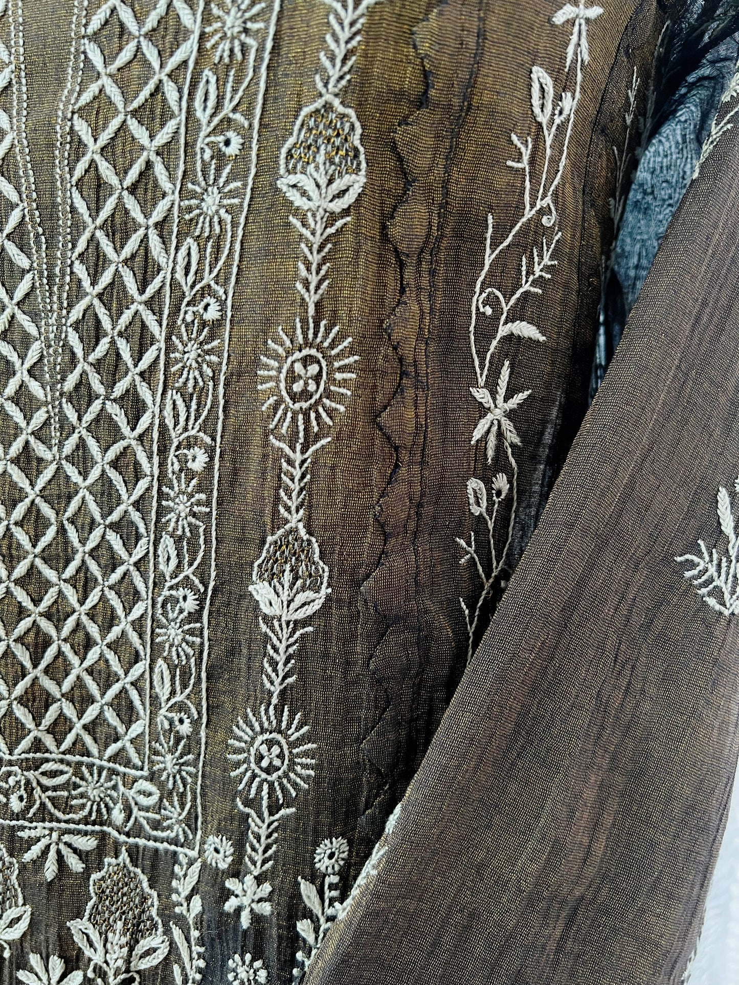 Black Golden Tissue Chanderi Silk with Chikankari, Appliqué & Haath Jaali