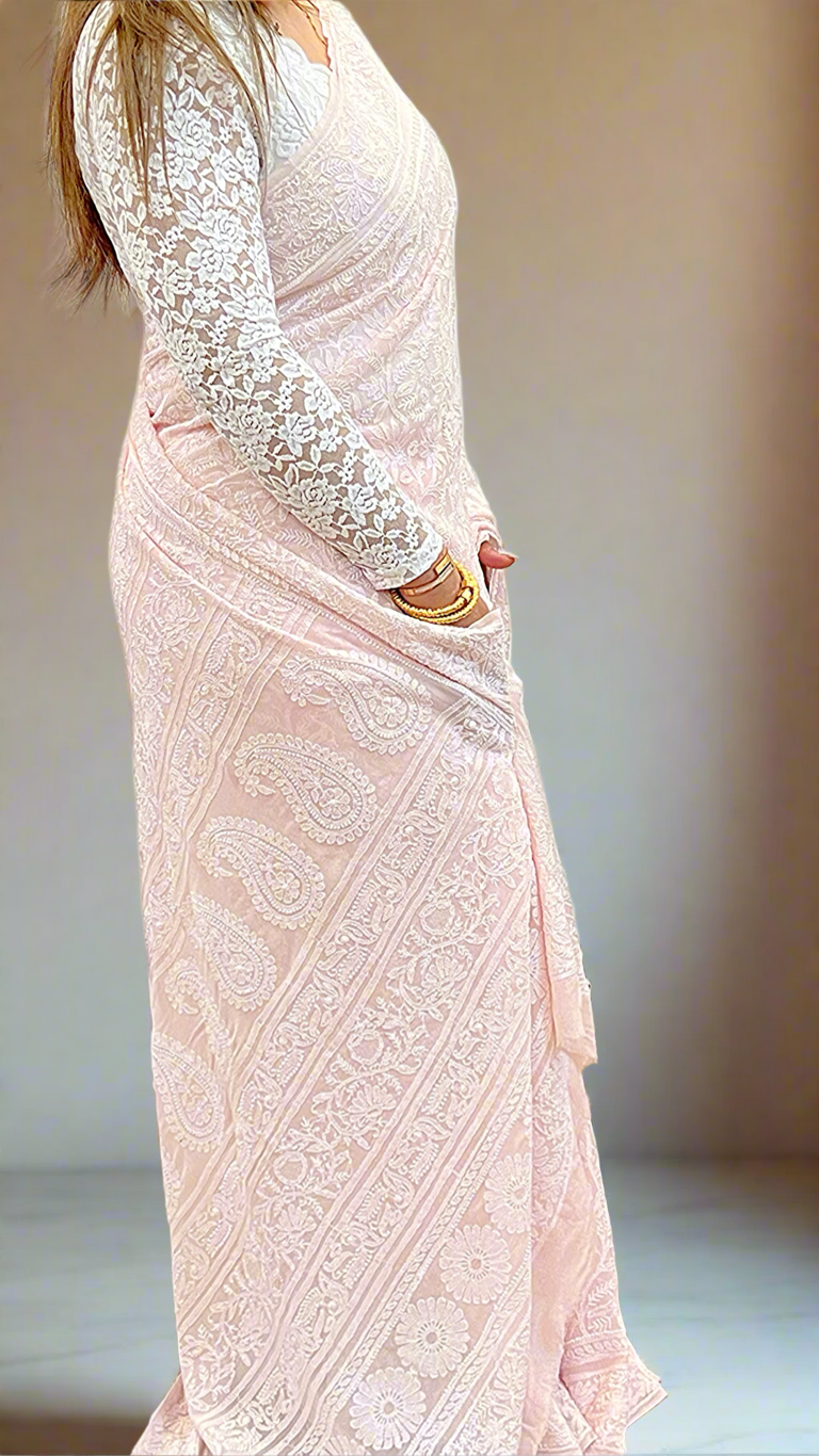Dewy Pink Pure Georgette Saree with Chikankari & Haath Jaali