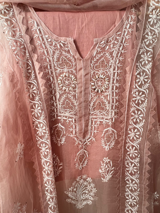 Hazelnut Pure Organza Silk Suit with Chikankari and Kamdani