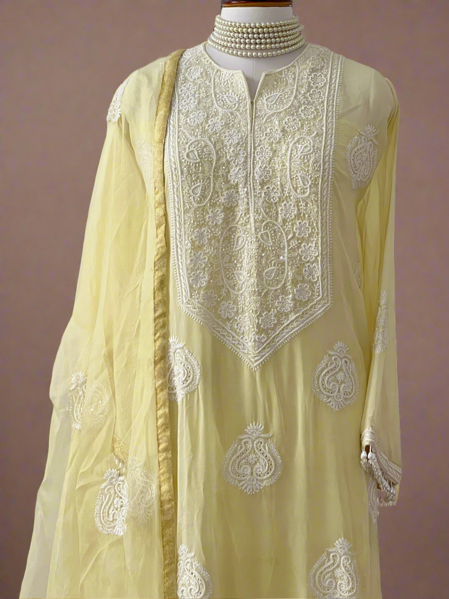 Lemon Yellow Fine Chikankari & Embellishments Suit