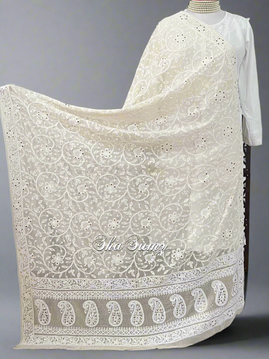 Cream Pure Georgette Chikankari & Kamdani Dupatta
