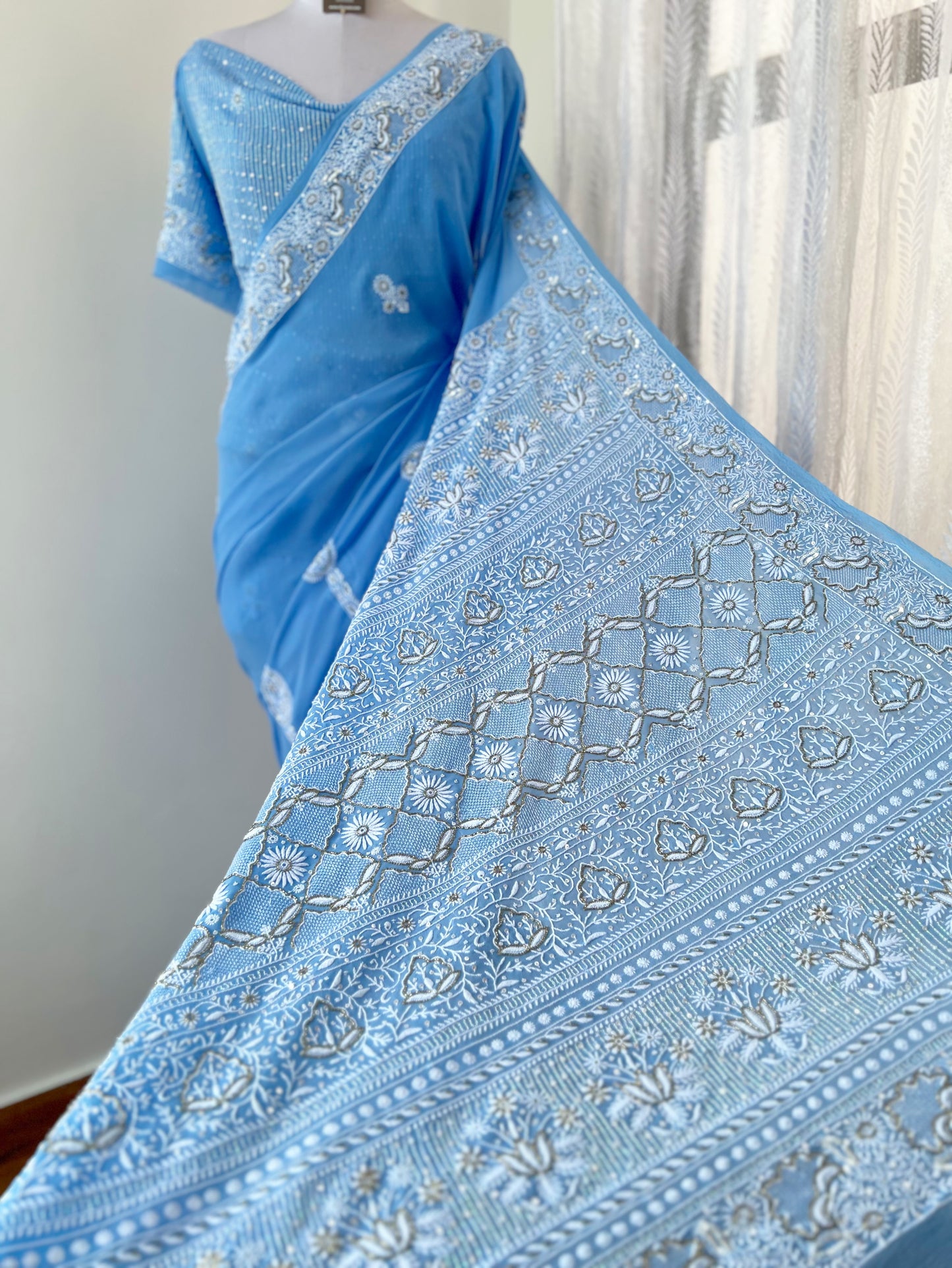 Powder Blue Saree with Do Taar Chikankari & Embellishments