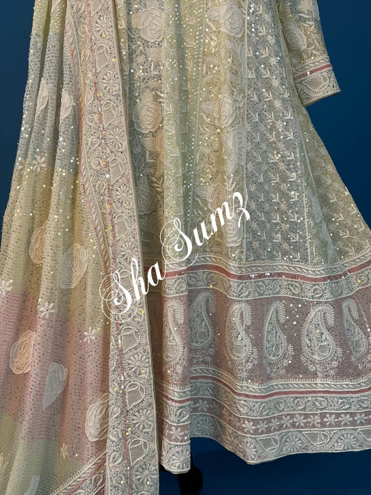 Anarkali with Roses Design in Do Taar Chikankari and embellishments