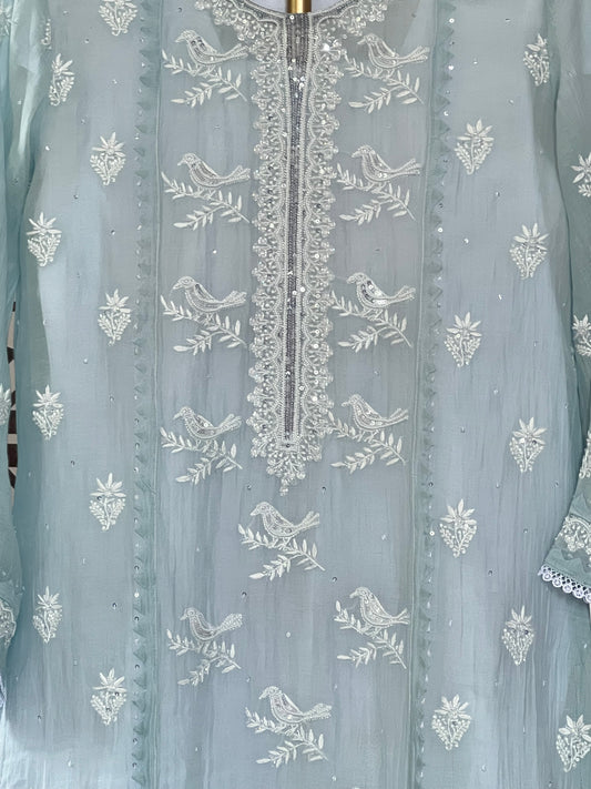 Powder Blue Birds Design Mul Chanderi Kurti