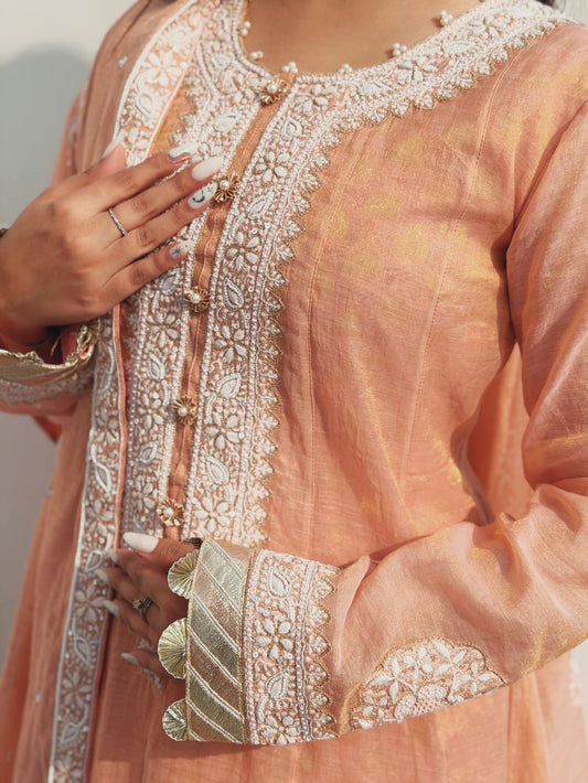 Blush Peach Tissue Chanderi Anarkali with Chikankari & Brocade Sharara