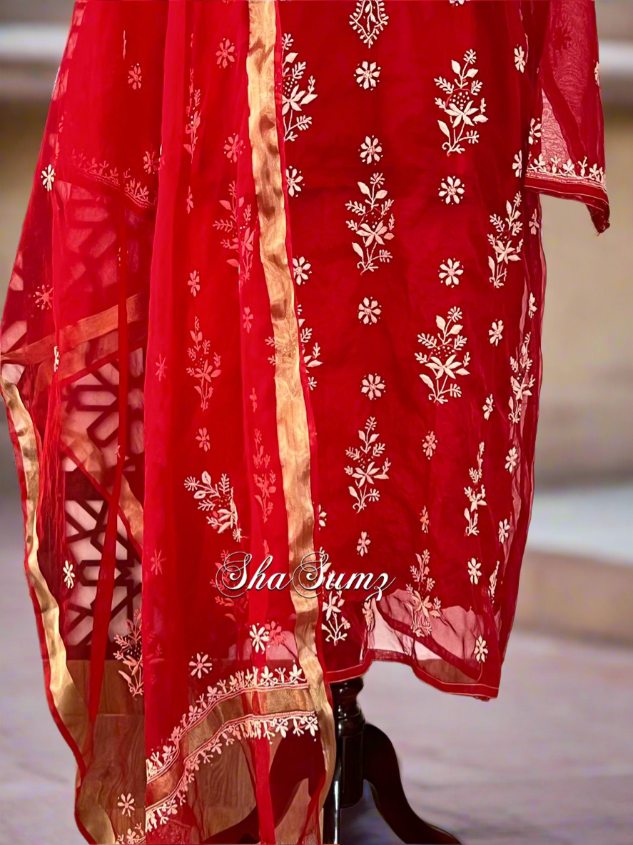 Crimson Red Organza Suit with Ivory Chikankari & Mukaish