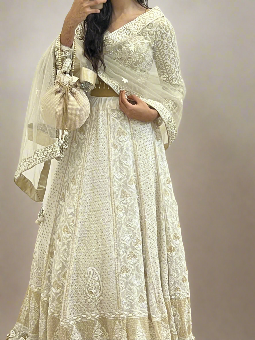 Ivory & Gold Lehenga Skirt with Chikankari, Zardozi & Embellishments