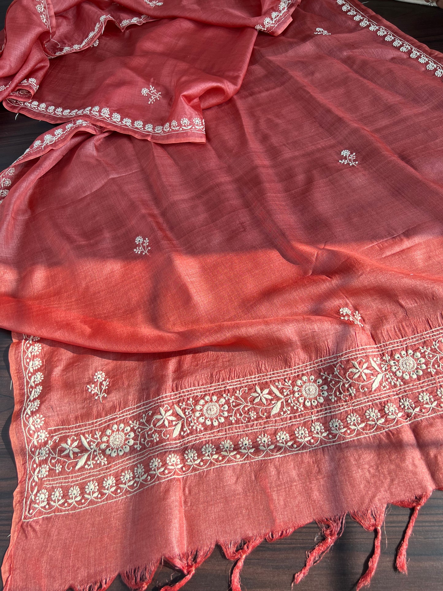 Beige Munga Silk Suit with Chikankari