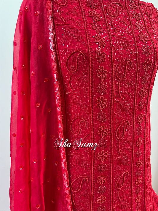 Crimson Red Anarkali with Chikankari & Embellishments.