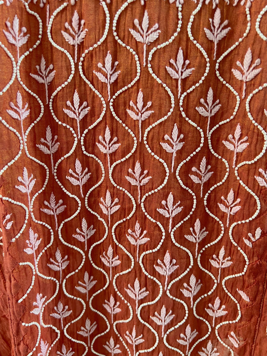 Burnt Peach Tissue Chanderi Silk Suit with Chikankari and Embellishments