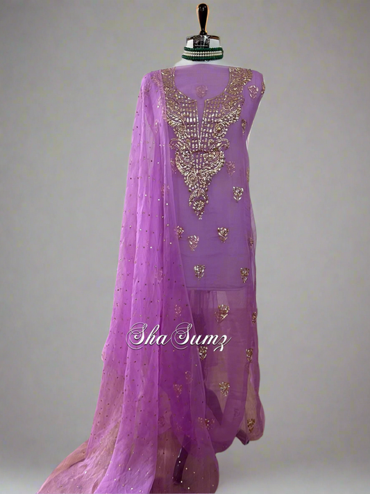 Lavender Purple Organza Suit with Mukaish