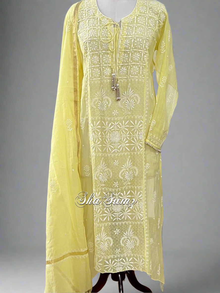 Lemon Yellow Mul Chanderi Chikankari & embellishments Suit
