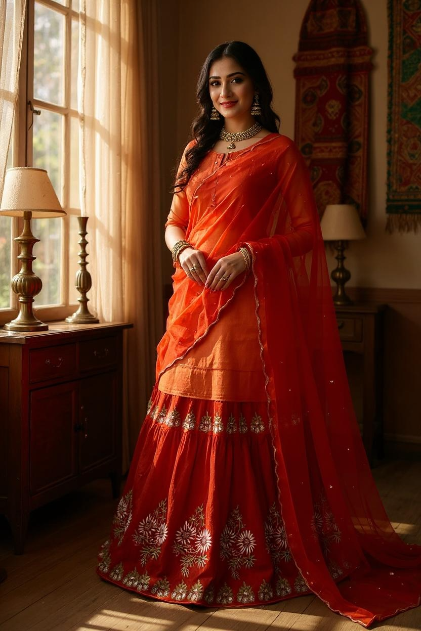 Girl wearing Rust Orange Chikankari Gharara on Tissue Chanderi