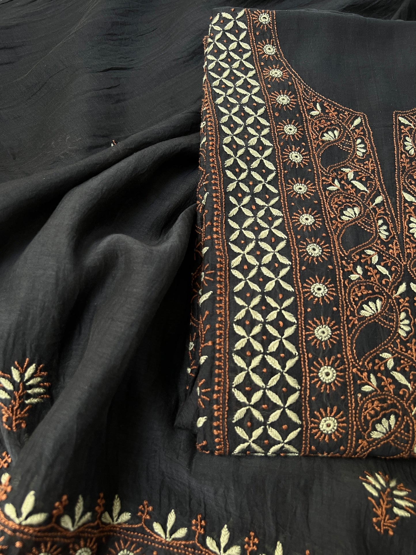 Black Mul Chanderi Suit with Dual tone Chikankari