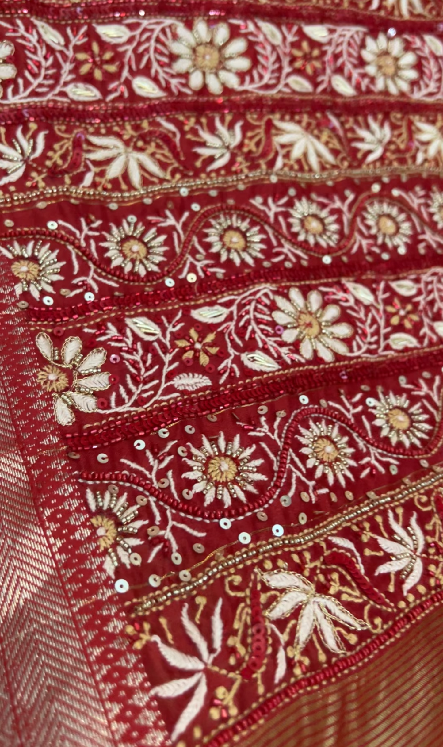 Red Chanderi Silk Saree - Chikankari and Embellishments