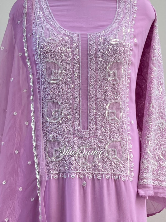 Lavender Pure Georgette Suit with Chikankari & Embellishments