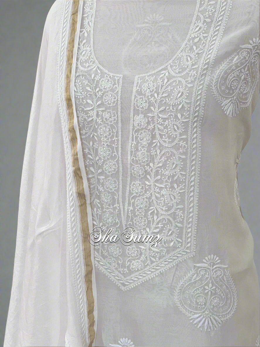 White Pure Chanderi Silk Suit with Do Taar Chikankari