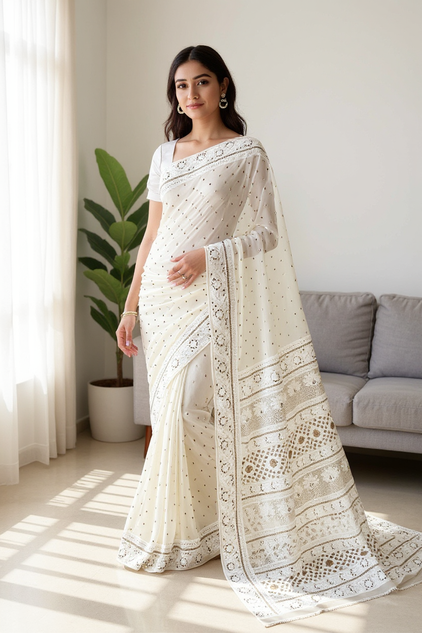 Saree with Chikankari & Mukaish Badla