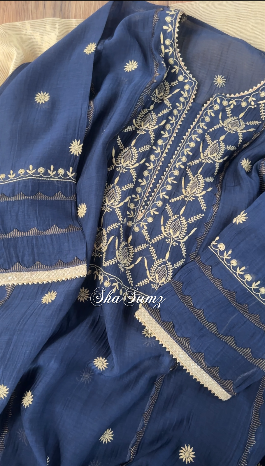 Midnight Blue Mul Chanderi Suit with Chikankari & Appliqué