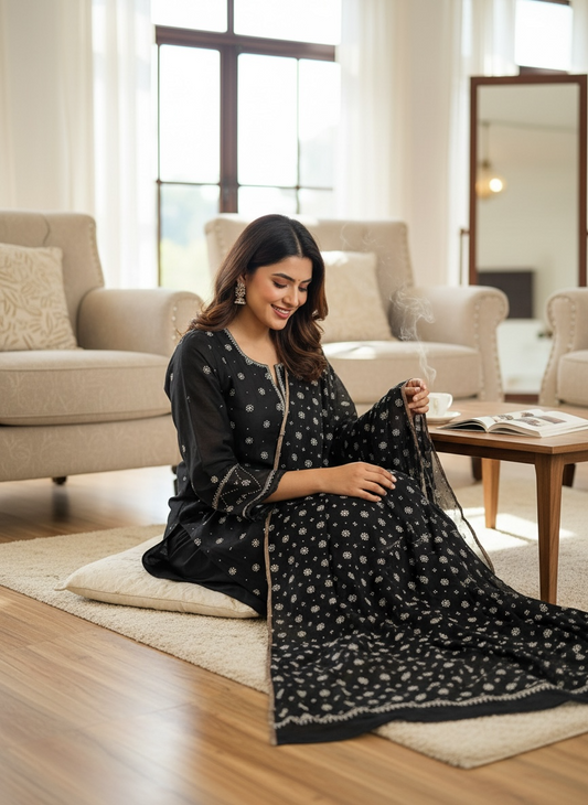Model wearing a Black Chanderi suit with Chikankari, sitting gracefully in a cozy living room.