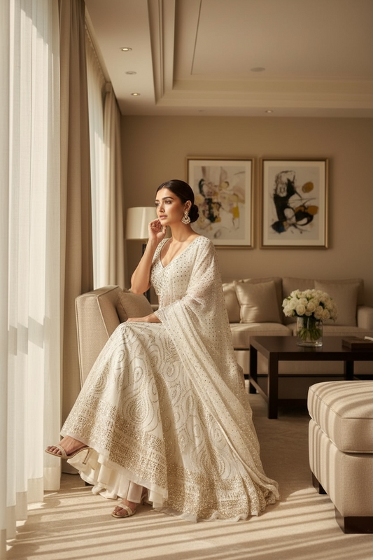 Off White Mukaish Lehanga on Pure Georgette