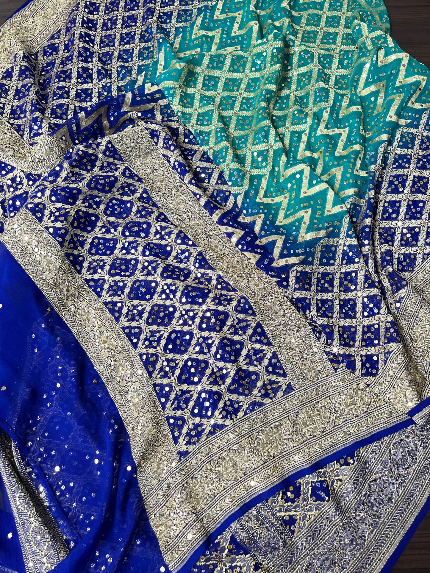 Royal Blue and Green Banarsi Bandhej Dupatta with Mukaish