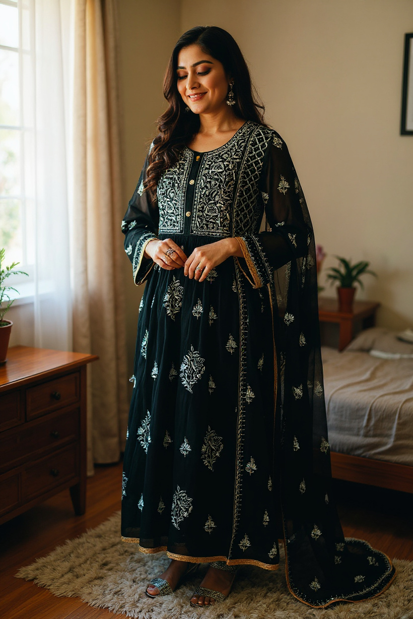 Black Mul Chanderi Peshwaz with Chikankari & Kamdani