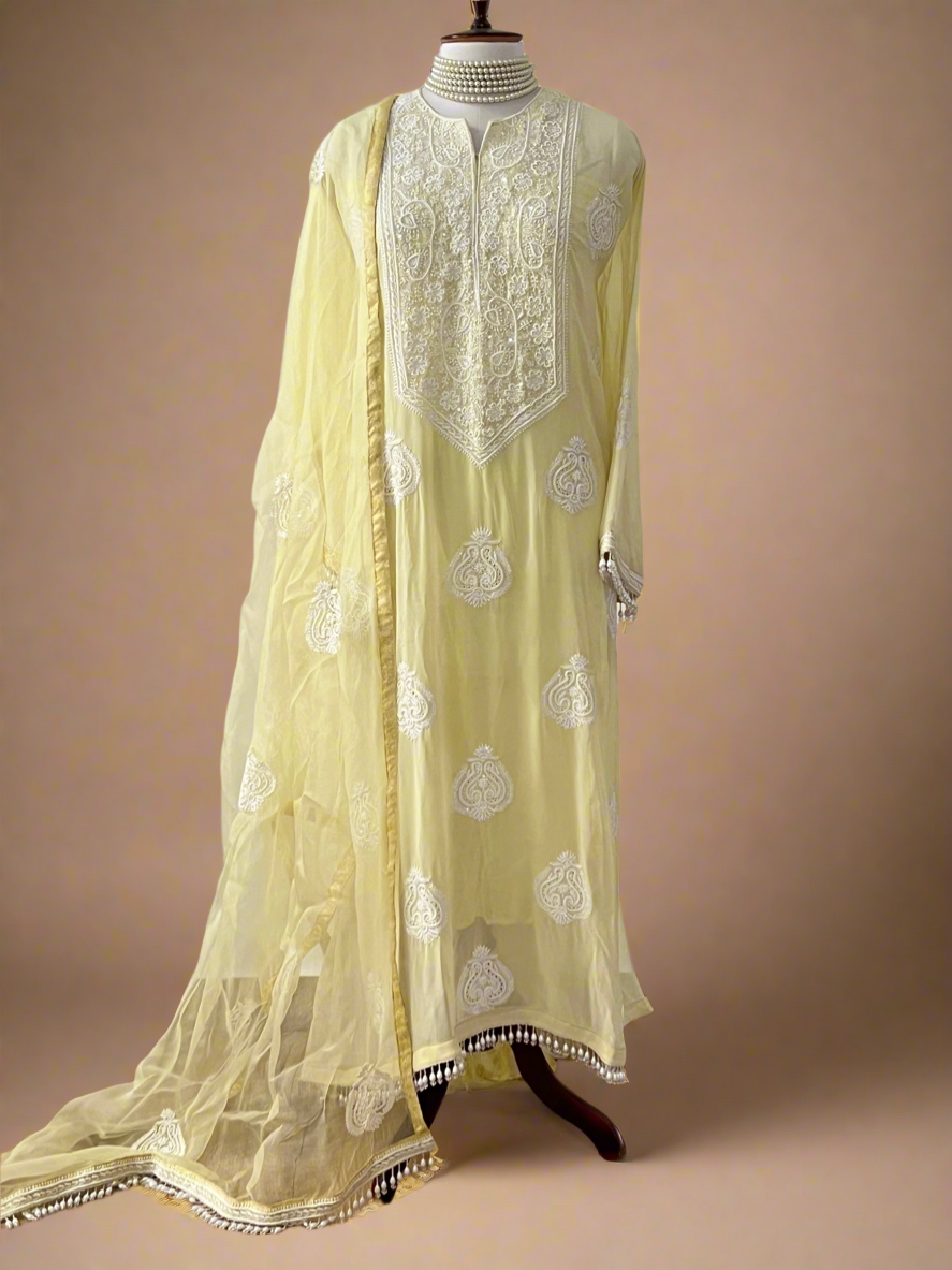 Lemon Yellow Fine Chikankari & Embellishments Suit