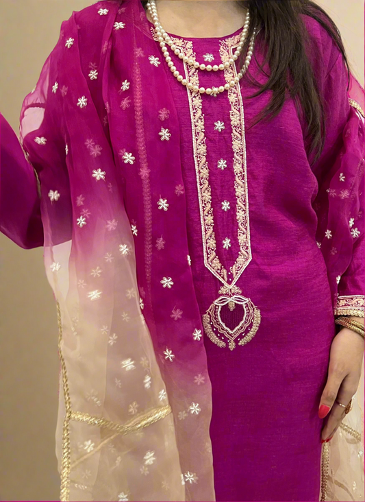 Fuchsia Rose Pure Silk Suit with Chikankari & Embellishments
