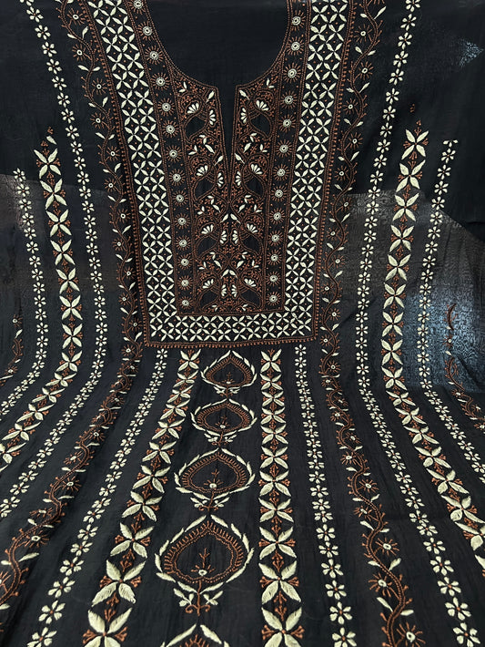 Black Mul Chanderi Suit with Dual tone Chikankari