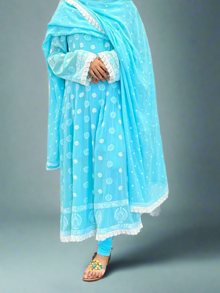 Aqua Blue Anarkali with Chikankari