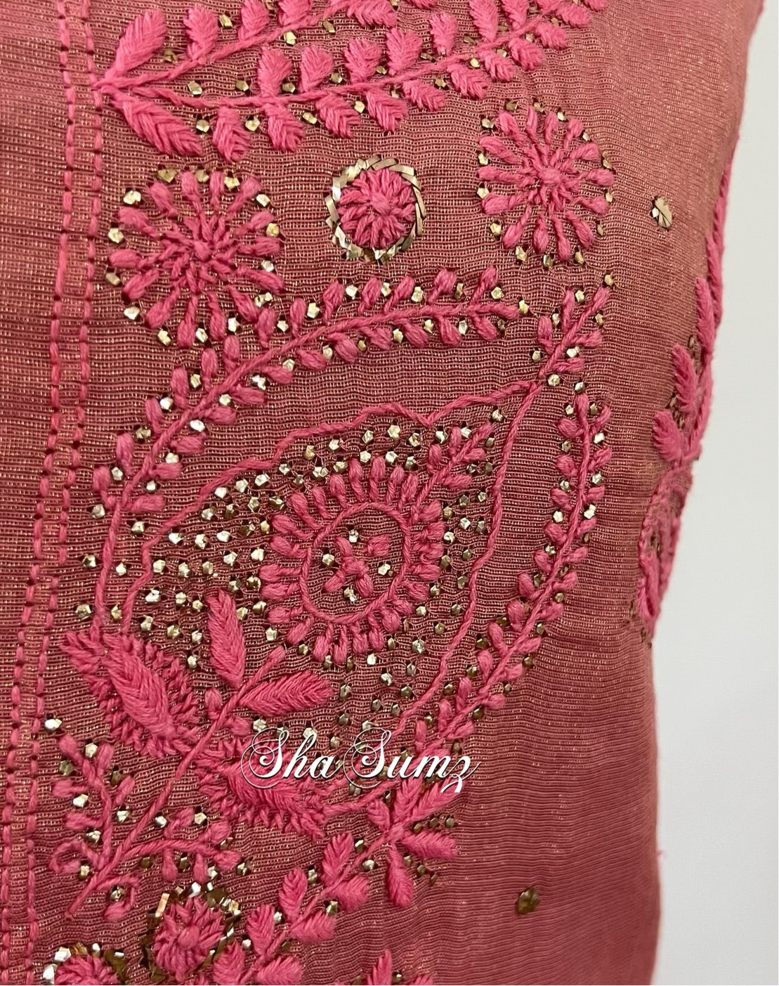 Carrot Pink Tissue Chanderi Silk Suit