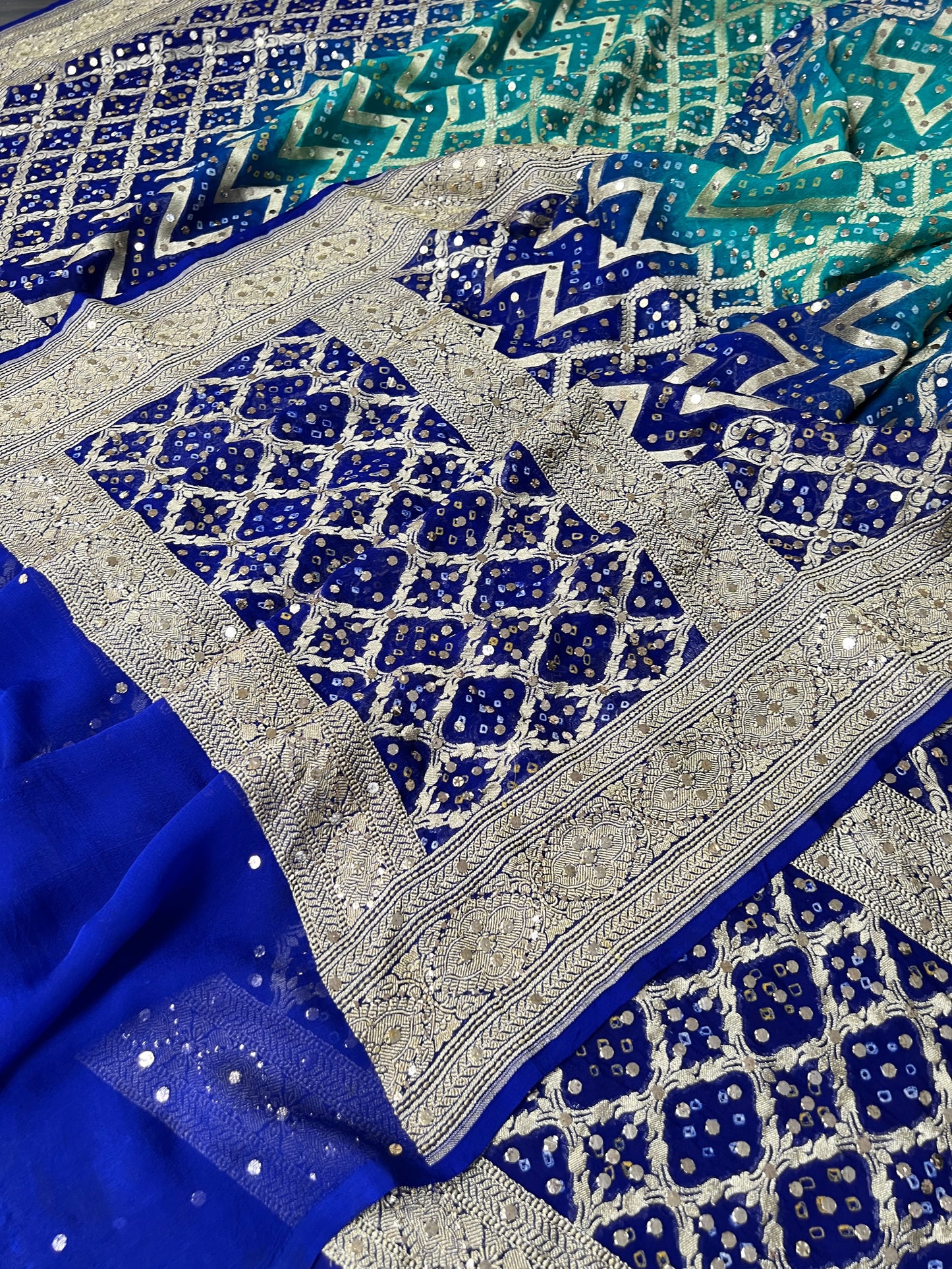 Royal Blue and Green Banarsi Bandhej Dupatta with Mukaish