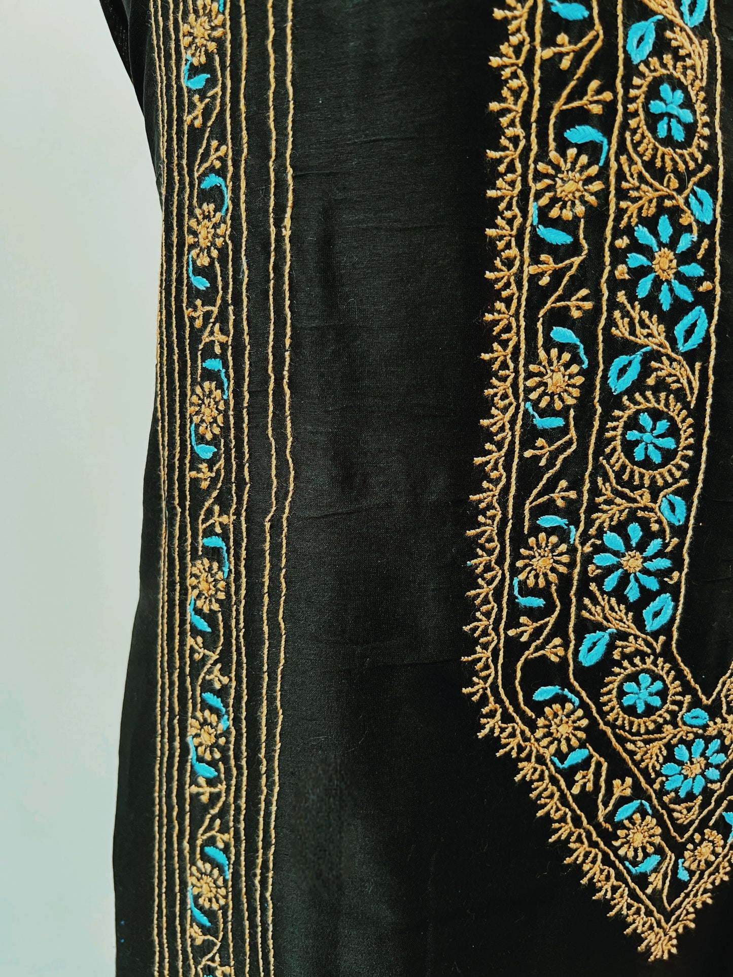 Black Chanderi Kurta with coloured Chikankari