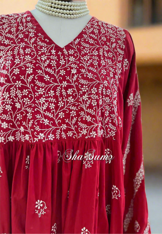 Scarlet Red Cotton Chikankari Kalidar Kurti