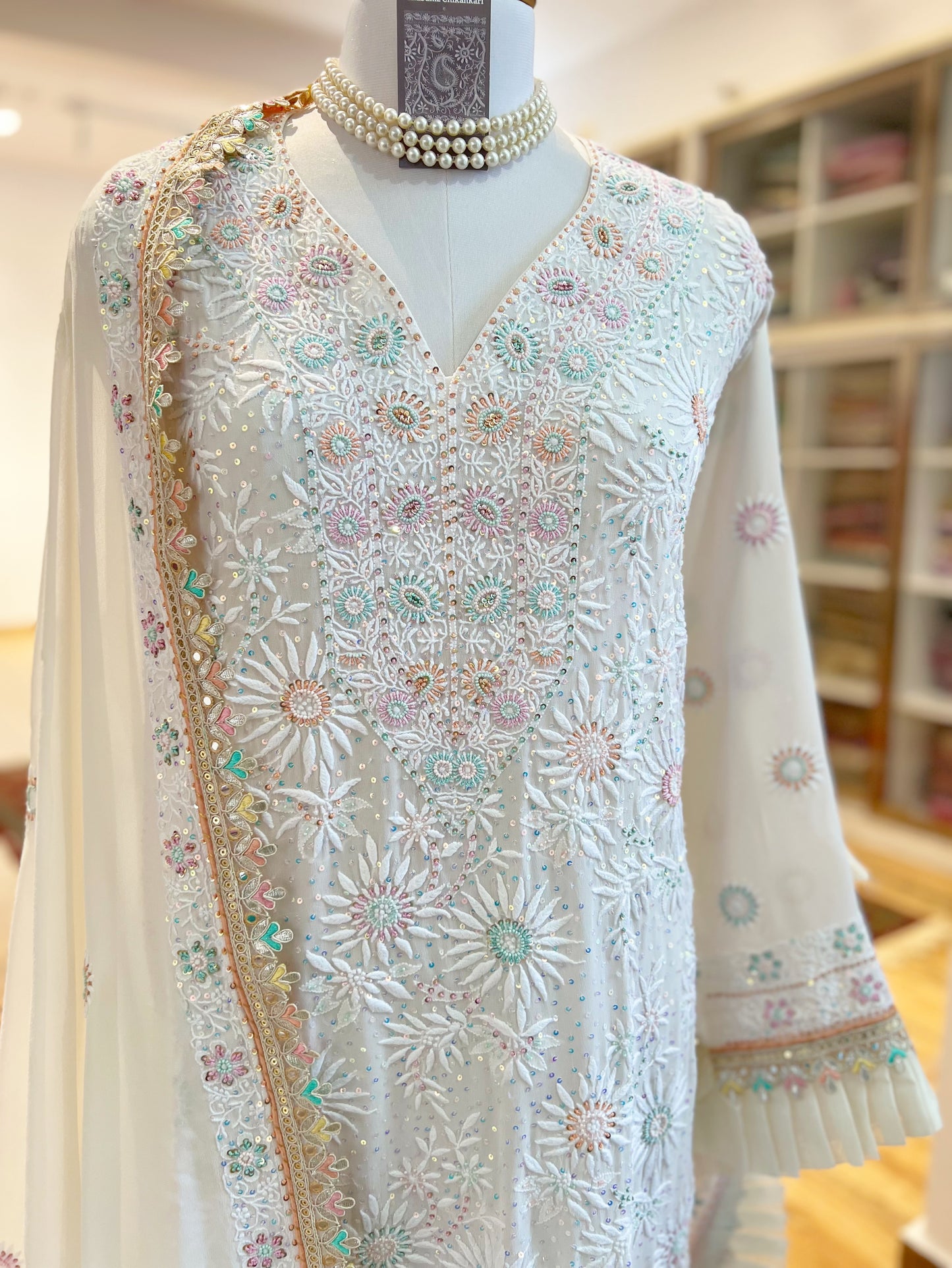 Off White Chikankari and Embellishments Suit