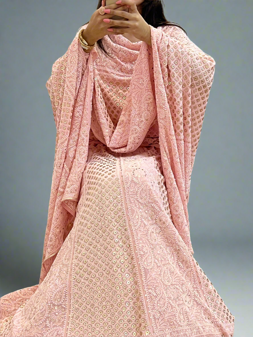 Pink Chikankari & Mukaish Lehenga Set