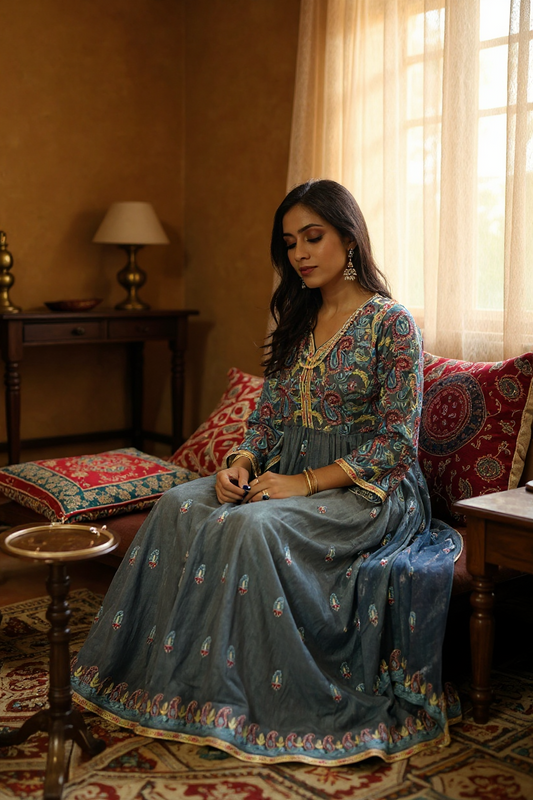 Persian Blue Tissue Chanderi Peshwaz