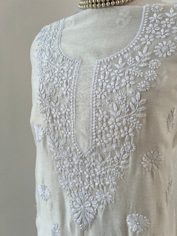 Premium unstitched Chanderi Kurti with handcrafted Chikankari embroidery, fully customizable and dyeable in any color – perfect for elegant ethnic fashion by ShaSumz.