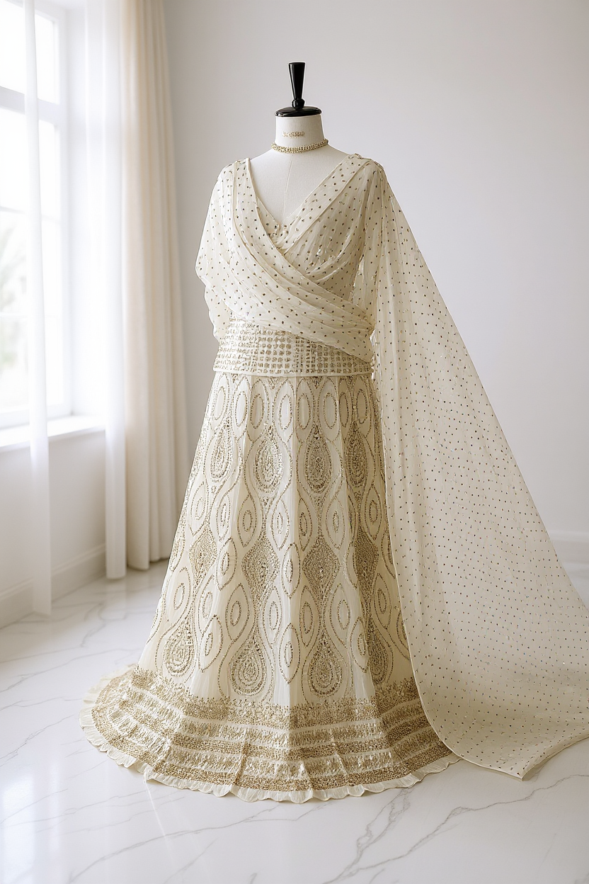 Elegant off white Mukaish lehenga on a mannequin, featuring intricate embroidery and shimmering details.